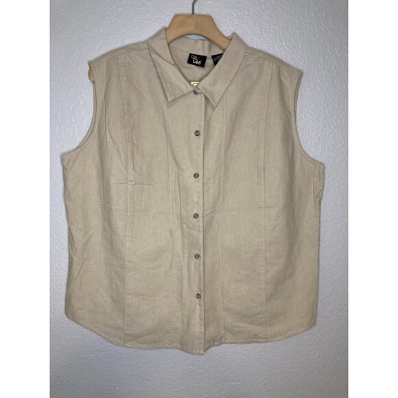 Vintage Ms Lee Linen Blend Tan Sleeveless Button Up Women's XL Minimalist Beachy - Picture 1 of 6